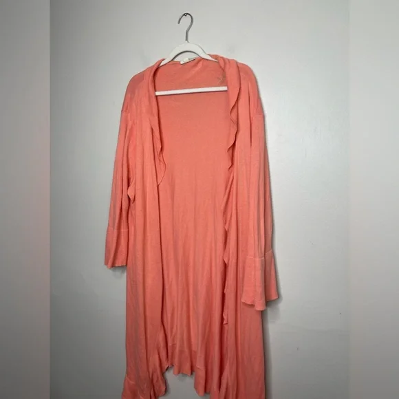 Garnet Hill Peach Ruffle Long Line Open Cardigan XL Cashmere Cotton Lounge - Picture 2 of 10